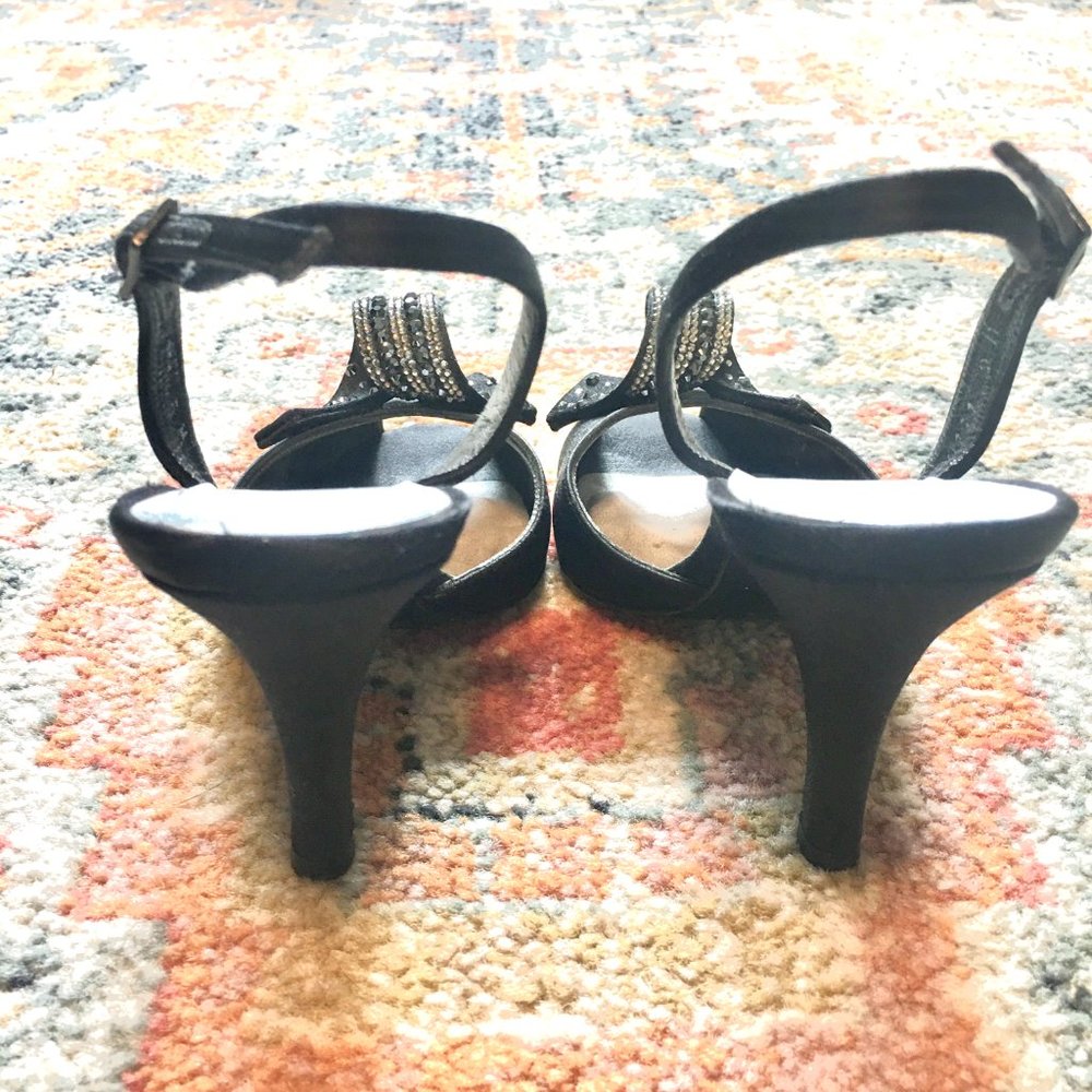 STUART WEITZMAN Black Satin Sling Back Pumps Heels Shoes Rhinestone Peep Toe 5 - Picture 3 of 9